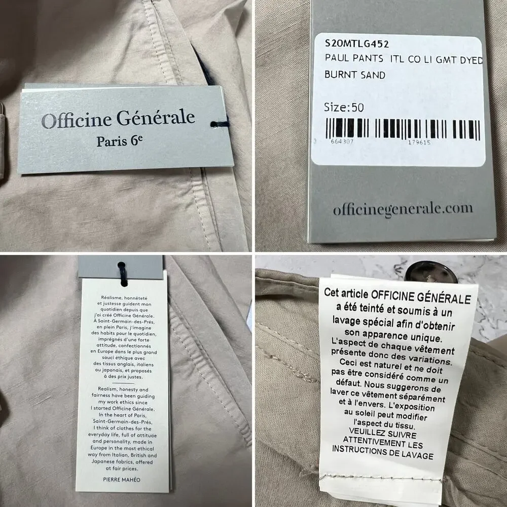 Officine Generale Paul Pant SIZE 50 US 34 Burnt Sand Cotton Linen Unhemmed